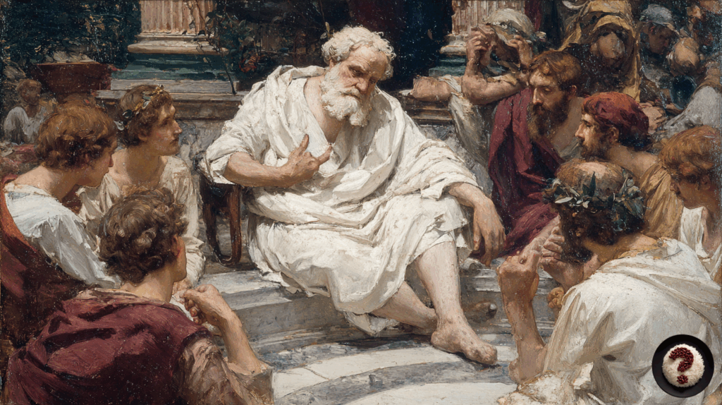 Old Aristotle surrounded by students in the Lyceum, serene atmosphere, philosophical discussion